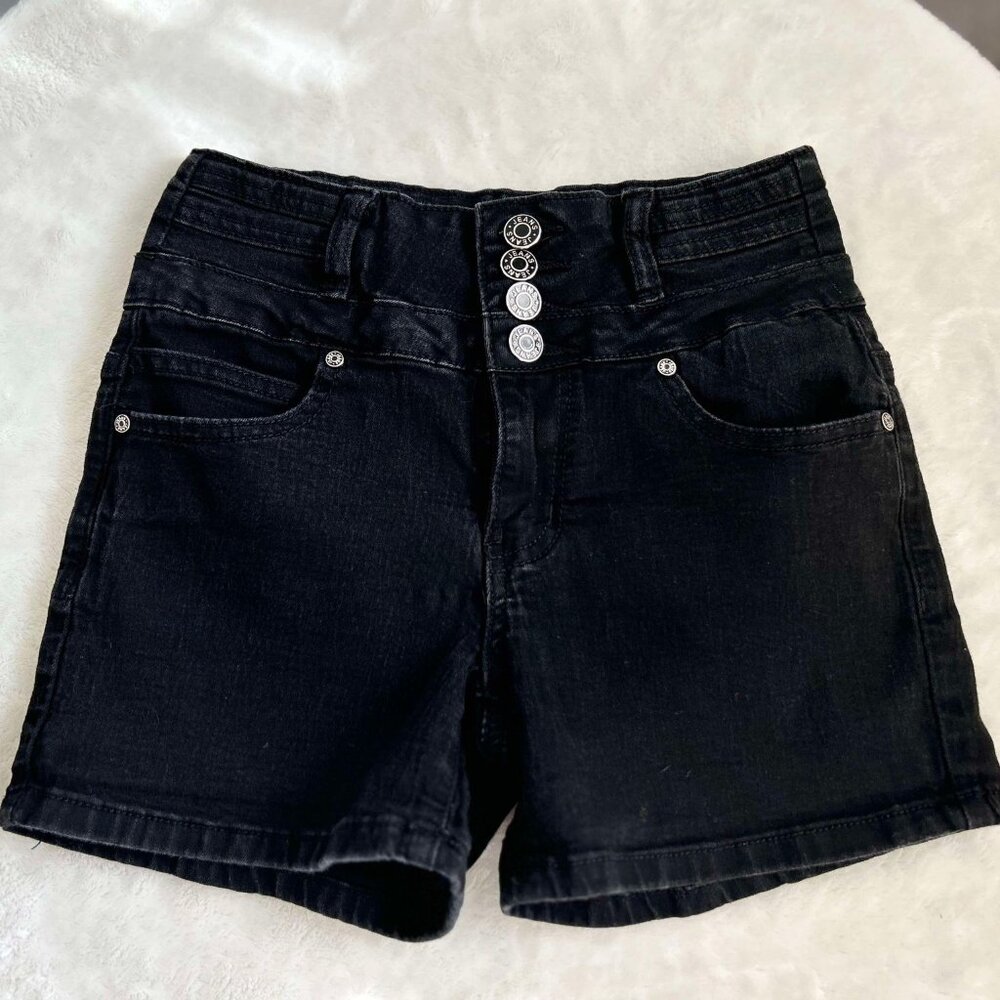 Women's/Junior's Black Jean Shorty Shorts with 4 Silver Button Fly Closure